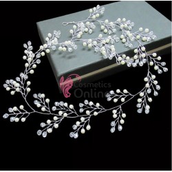 Accesoriu modern pentru decor par WED02 Argintiu cu cristale si perle de 60cm